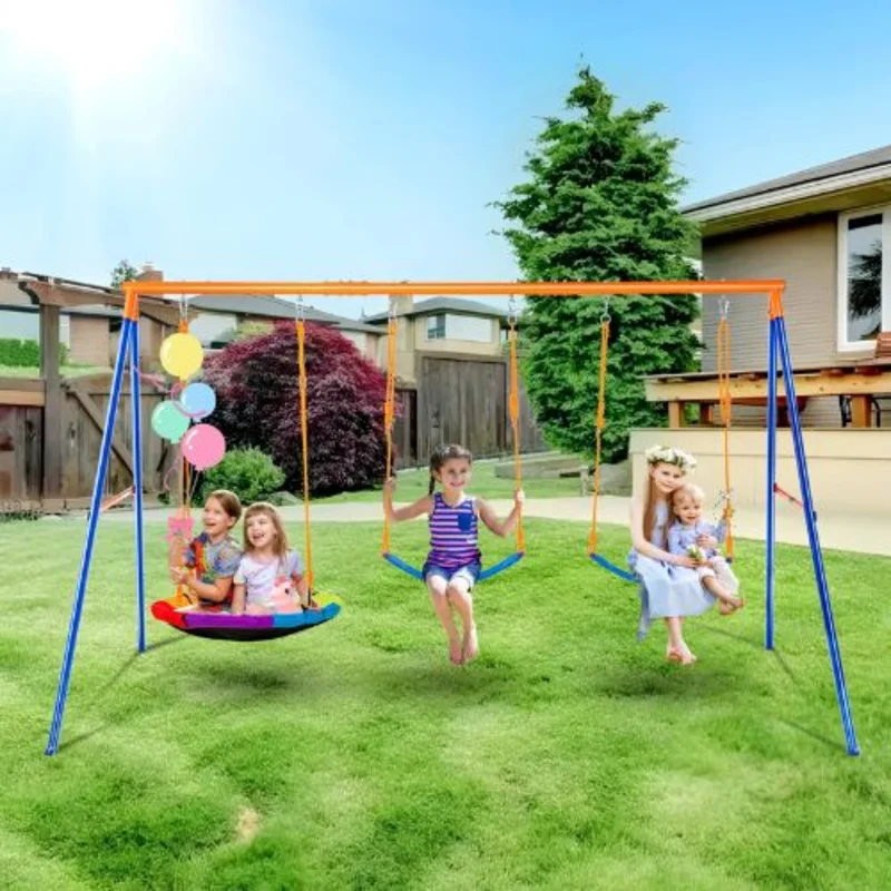 Backyard Swing Set 600lbs Capacity 1 Saucer Swing 2 Belt Swings Heavy-Duty Metal A-Frame Adjustable Rope
