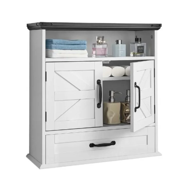 Bathroom Wall Cabinet 2 Doors Adjustable Shelf Over-the-Toilet White with Drawer & Open Partition