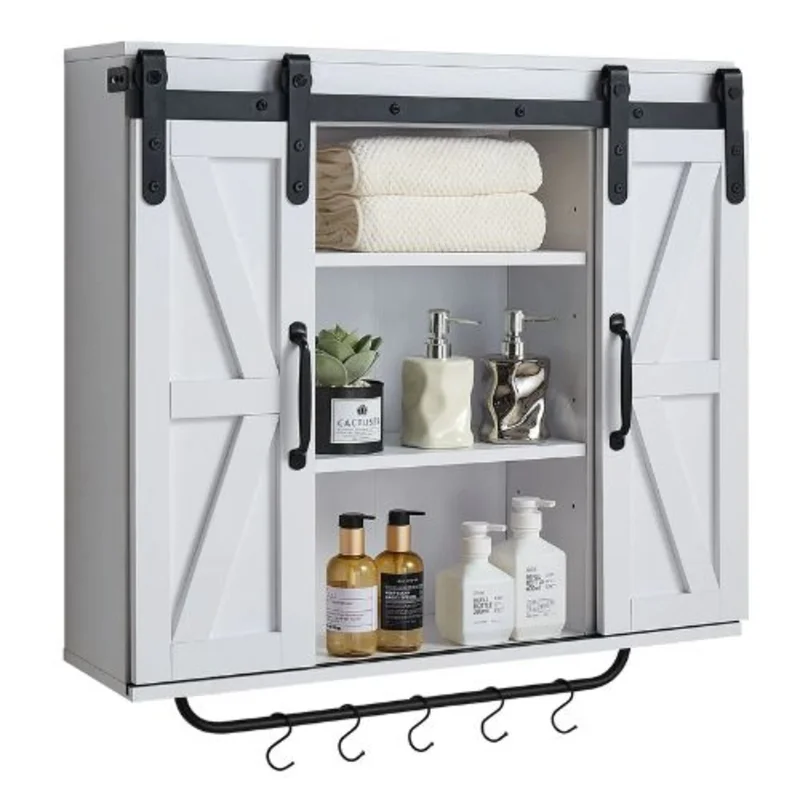 Bathroom Wall Cabinet 2 Doors Adjustable Shelf Over-the-Toilet White with Towel Bar & Hooks