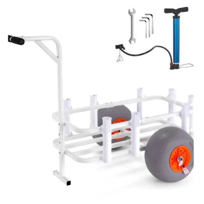 Beach Fishing Cart 300 lbs Load Capacity Fish and Marine Cart with Two 13" Big Wheels PU Balloon Tires for Sand Heavy-Duty Aluminum Pier Wagon Trolley with 8 Rod Holders