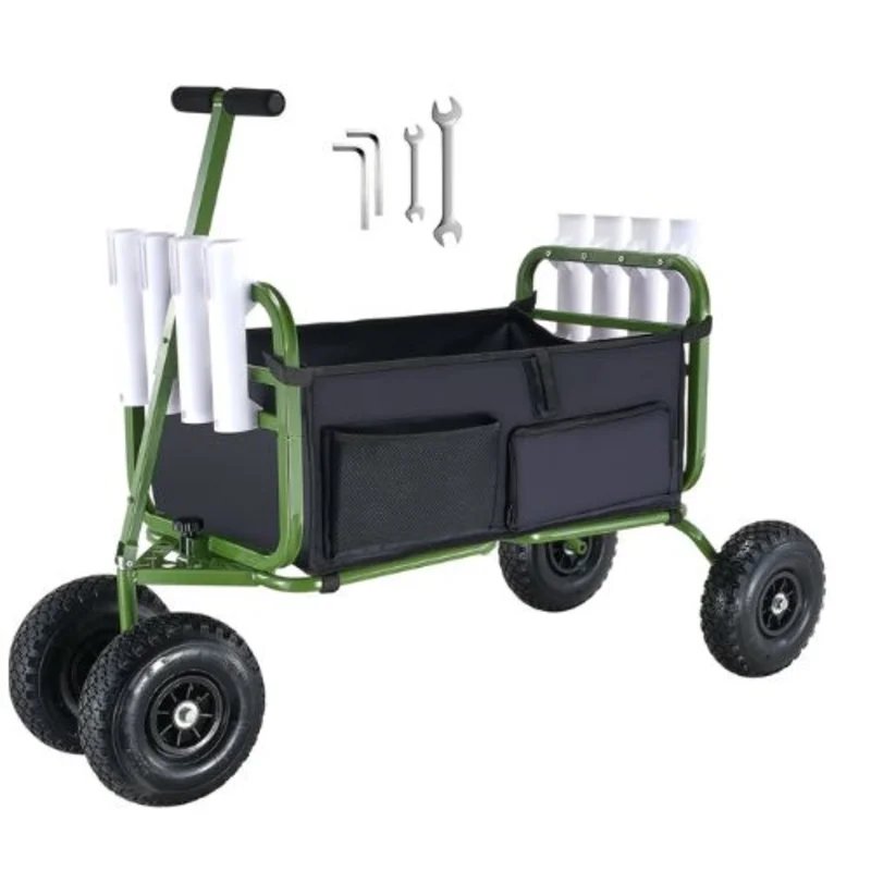 Beach Fishing Cart 300 lbs Load Capacity Foldable Fish and Marine Cart with Four 11" Big Wheels Rubber Balloon Tires Heavy-Duty Steel Pier Wagon Trolley with 8 Rod Holders