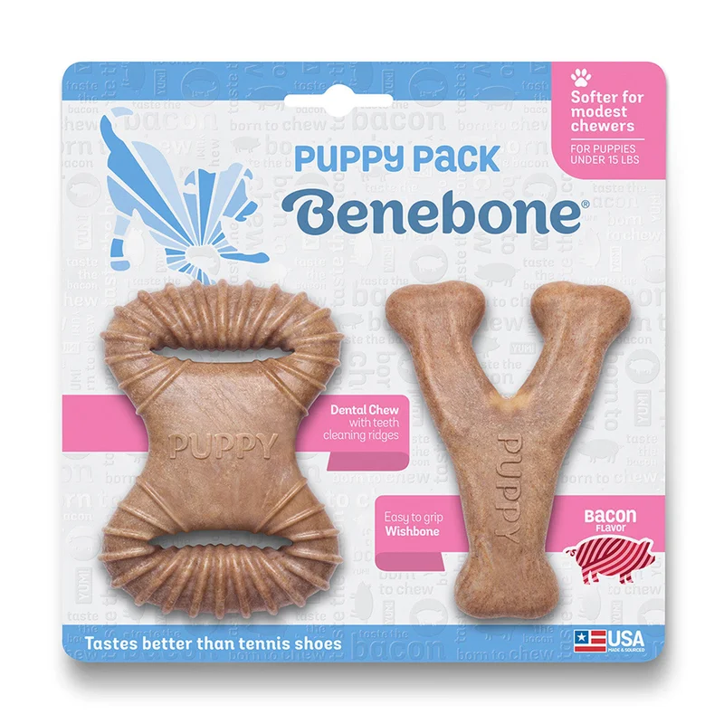 Benebone Puppy 2-Pack w/ Dental Chew & Wishbone Dog Chew Toys BACON