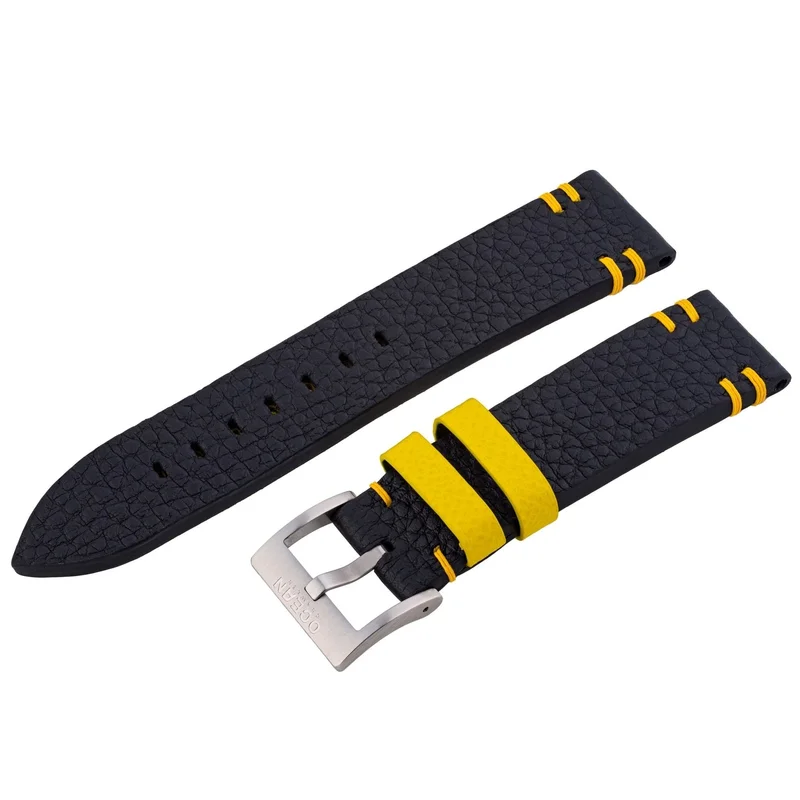 Black Dragoon leather and yellow double stitching Strap - 22mm