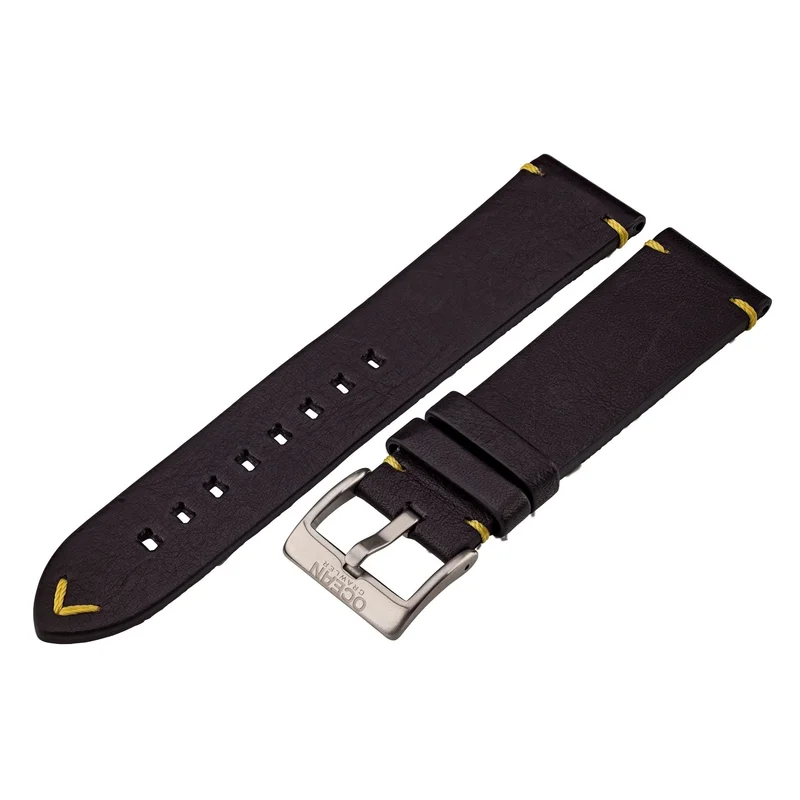 Black Leather And Yellow Stitching Strap - 22mm