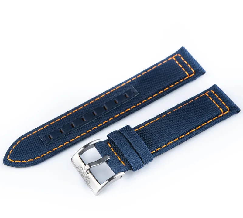 Blue Canvas Strap with Orange Stitching - SS Buckle - 20mm