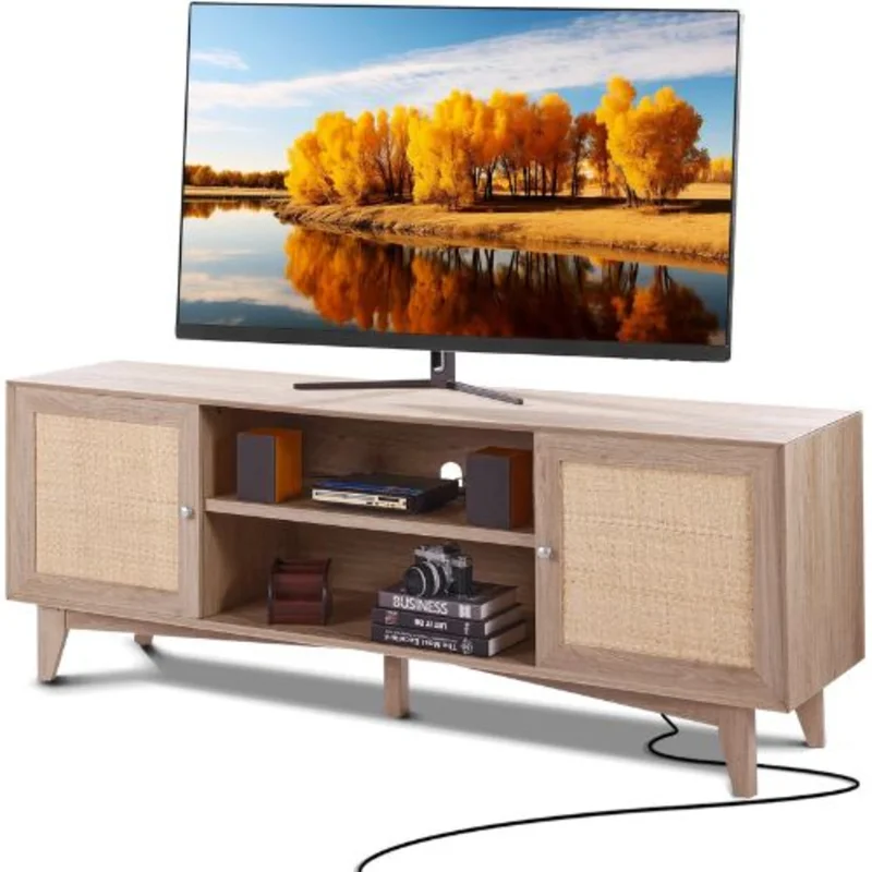 Boho Rattan TV Stand Mid Century TV Cabinet for 75 Inch TV with Built-in Socket USB Ports & Adjustable Shelves (Oak)