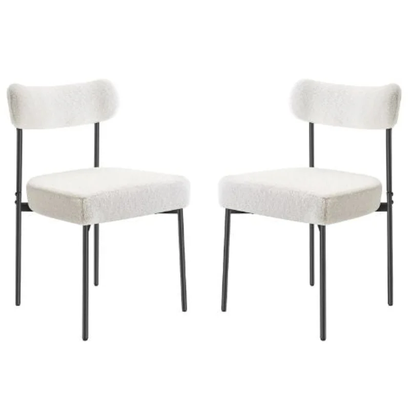 Boucle Dining Chairs with Curved Backrest and Black Metal Legs for Dining Table&Kitchen Table (Set of 2)