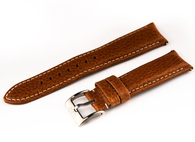 Brown Leather Band With Signed Stainless Steel Buckle - 22mm - For Curved Lugs