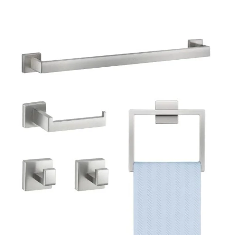 Brushed Nickel 5-Piece Bathroom Hardware Set 24-inch Towel BarTowel Rack 2 Robe Hooks Toilet Paper Holder Wall Mounted