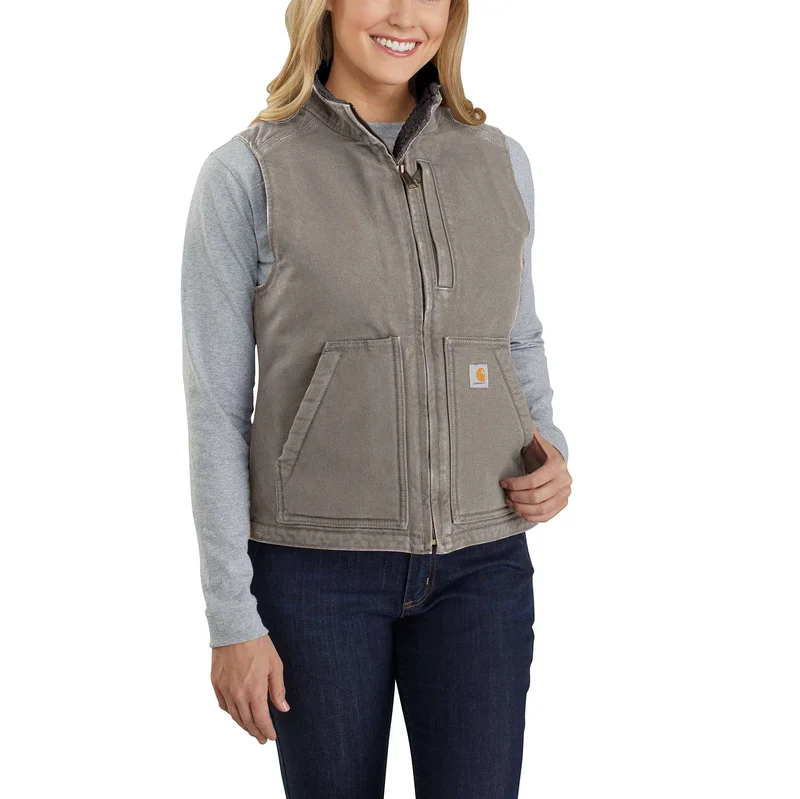 Carhartt Relaxed Fit Washed Duck Sherpa Lined Mock Neck Vest Dark Brown