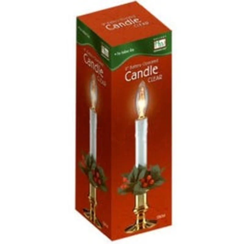 Christmas Candle, Battery-Operated, Clear Flame, White/Brass, 9-In.