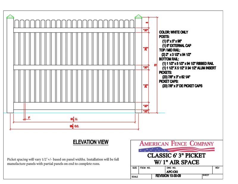Classic 6' 3" Picket w/1" Air Space, AFC-C61 White