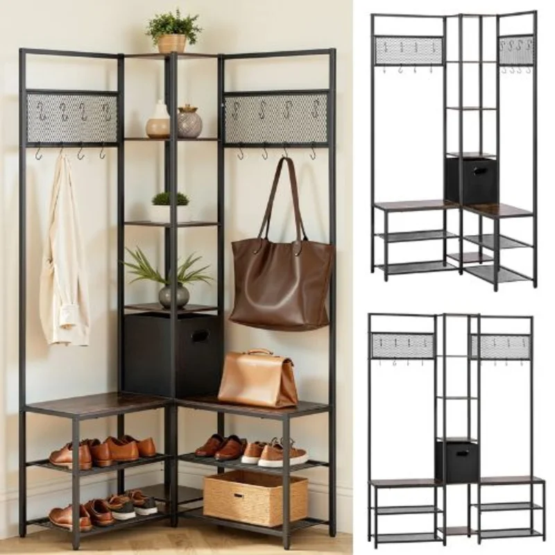 Corner Hall Tree with Shoe Bench & Hooks 70.9" Entryway Coat Rack Organizer Rustic for Entrance Closet Office (Brown)