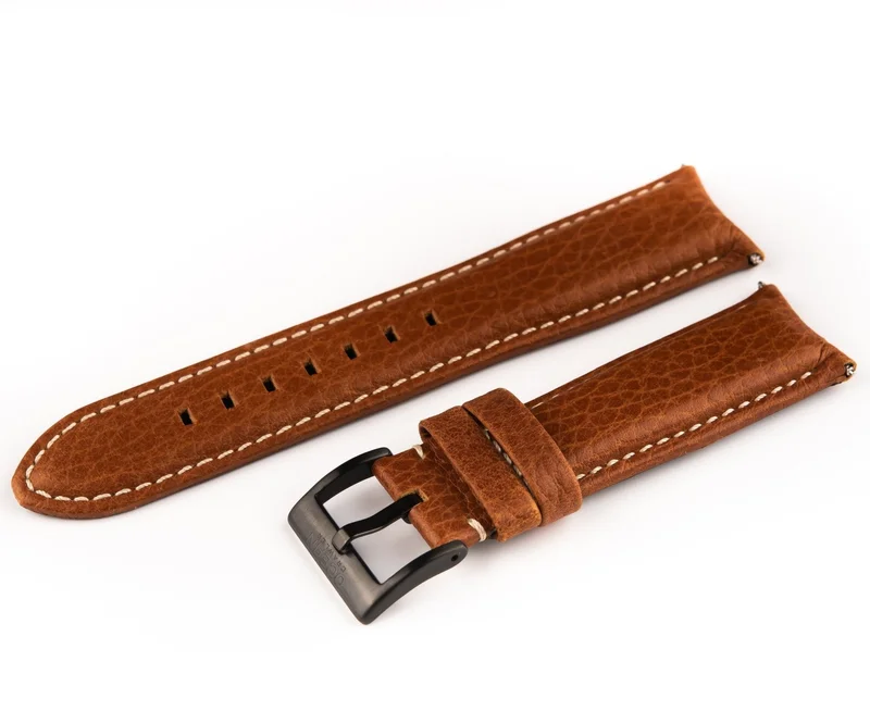 Dark Brown Leather Band With Signed Black PVD Stainless Steel Buckle - 22mm - For Curved Lugs