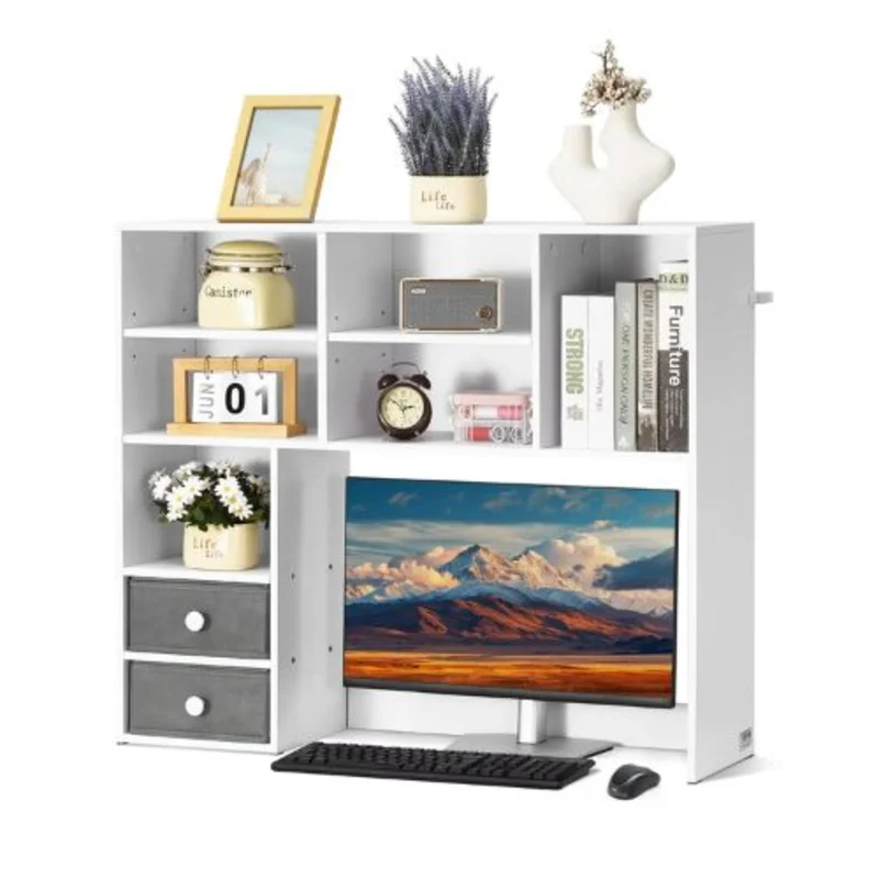 Desktop Bookshelf 3-Tier Wood Organizer with Drawers (White)