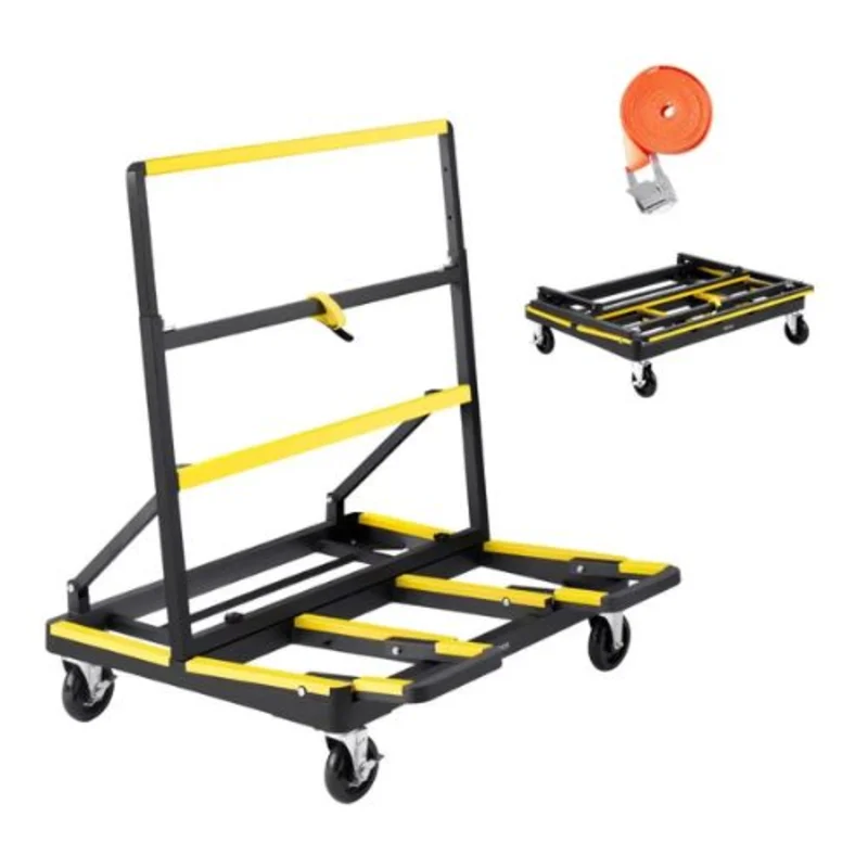 Drywall Cart Dolly Steel Panel Dolly with 4 Swivel Casters & Expandable Deck Foldable Panel Truck Cart with Tie-Down Strap