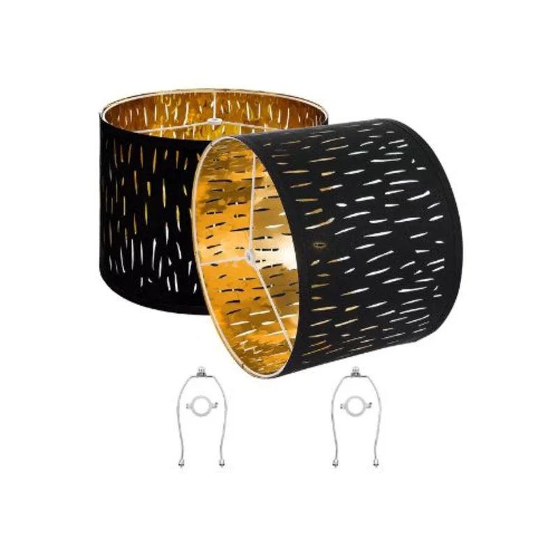 Easy Installation 13" x 10 Inch Medium Size Decorative Black Hollow Cut-Out Drum Lampshades with Harp Set of Two