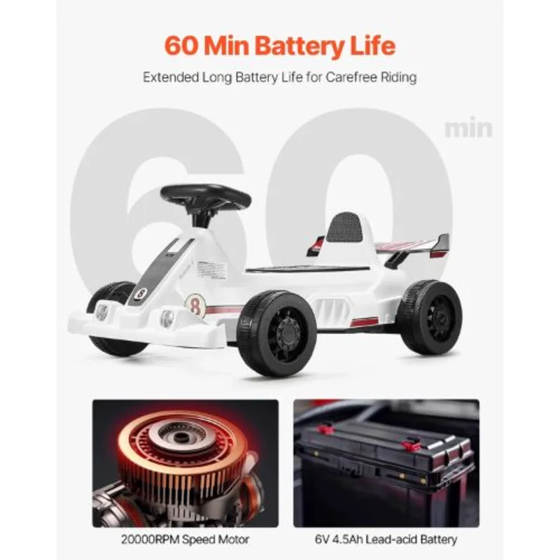 Electric Go-Kart for Kids 6V Battery Powered, 2 MPH Constant Speed, LED Headlight & Horn Ages 2+ White