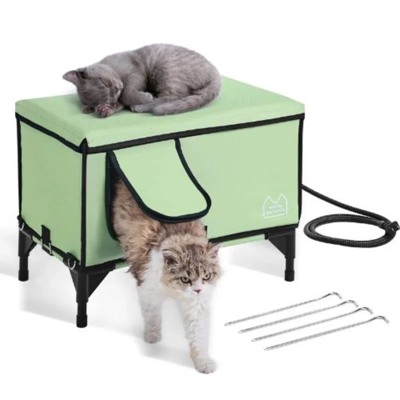 Elevated Heated Cat House with Adjustable Temperature Foldable Cuboid Shelter Heated Pad for Winter Green (Medium)