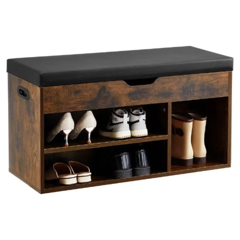 Entryway Shoe Bench 31.7 x 12.0 x 17.5 Inch with Lift Top Storage 300lbs Capacity Cushion Seat & 3 Cabinets (Brown + Black)