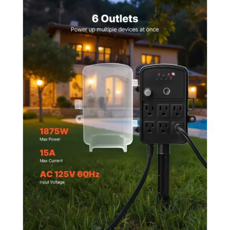 Extension Cord Extension Cord Outdoor Power Strip Weatherproof with Cover 6 Outlets