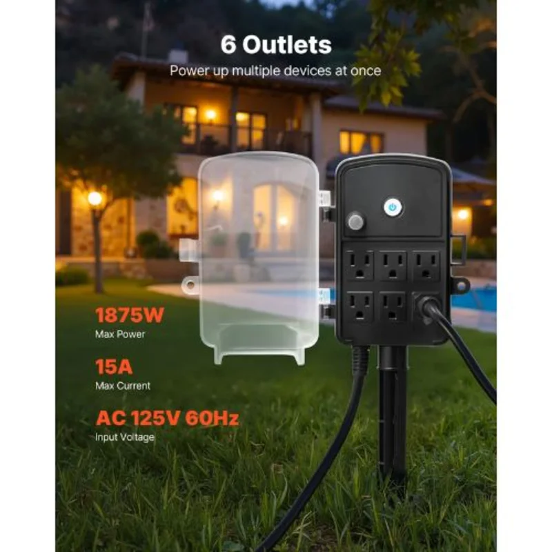Extension Cord Overload Protection Outdoor Power Strip Weatherproof with Cover 6 Outlets