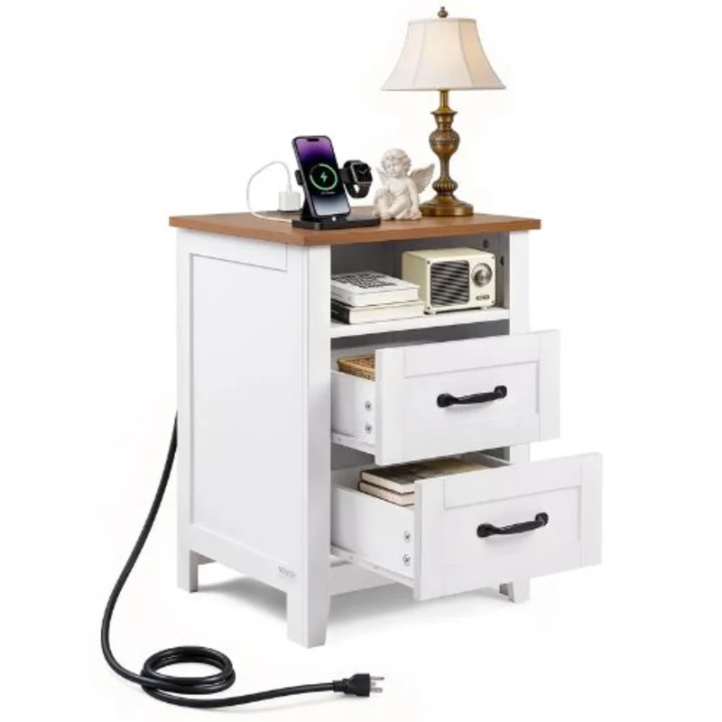 Farmhouse Nightstand with Charging Station White Side Table with 2 Drawers & Shelf USB Ports & AC Outlets