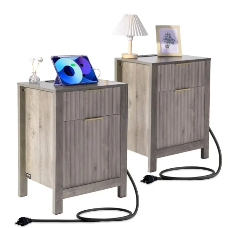 Farmhouse Nightstands Set of 2 Gray End Tables with Charging Station 3 Tiers 2 Drawers & Storage Cabinet USB Ports & Outlets