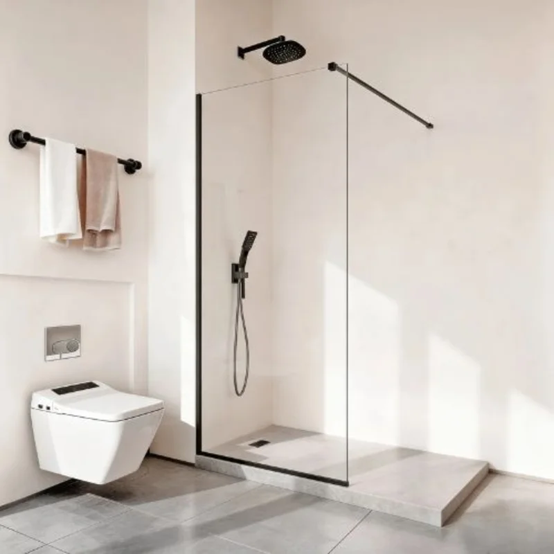 Fixed Glass Shower Panel 34 x 73.6 in Semi-Framed 5/16 in Clear Tempered Glass Bottom Seal Matte Black Hardware