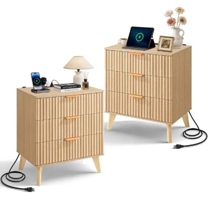 Fluted Nightstands Set of 2 Mid-Century Modern Bedside Tables with Charging Station 3 Drawers Khaki