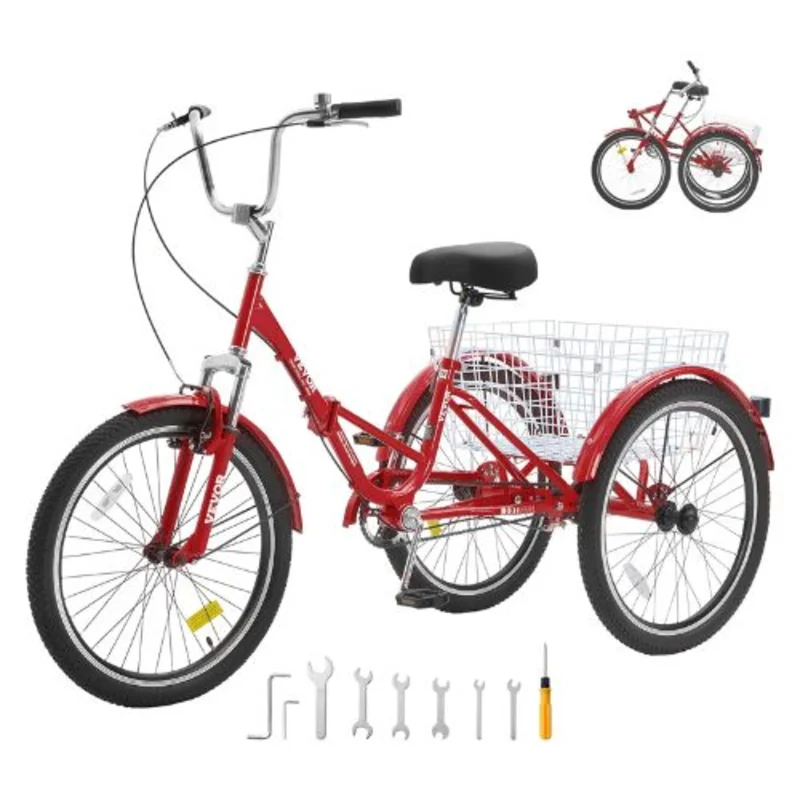 Folding Adult Tricycle 24", Carbon Steel 3-Wheel Cruiser Bike with Large Basket & Adjustable Seat for Women Men