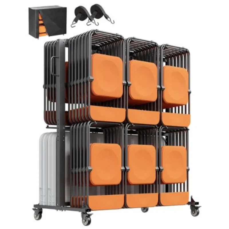 Folding Chair Rack Dual-layer Chair Storage Dolly with Rubber Wheels and Holders Large Chair Holder Matte Black