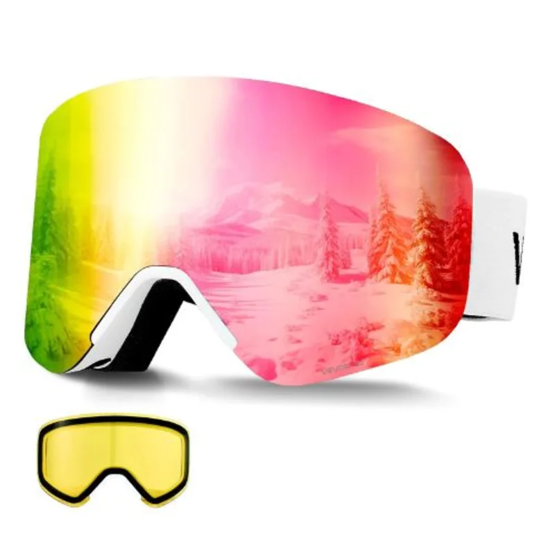 Frameless Magnetic Ski Goggles with Pink Revo Cylindrical Lens OTG Anti-Fog for Men Women & Youth