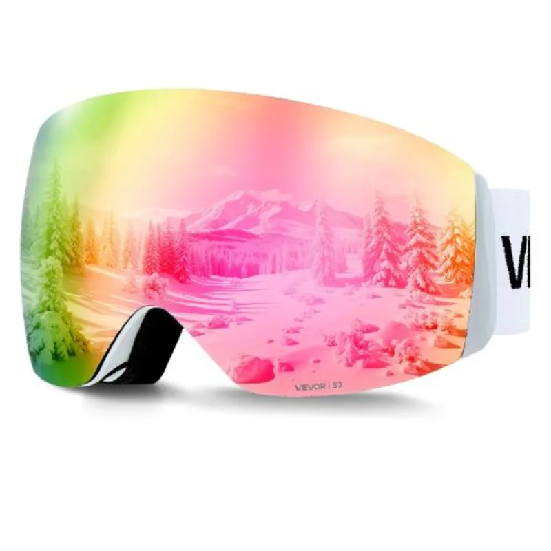 Frameless Ski Goggles with Pink Revo Spherical Lens OTG Anti-Fog for Men Women & Youth