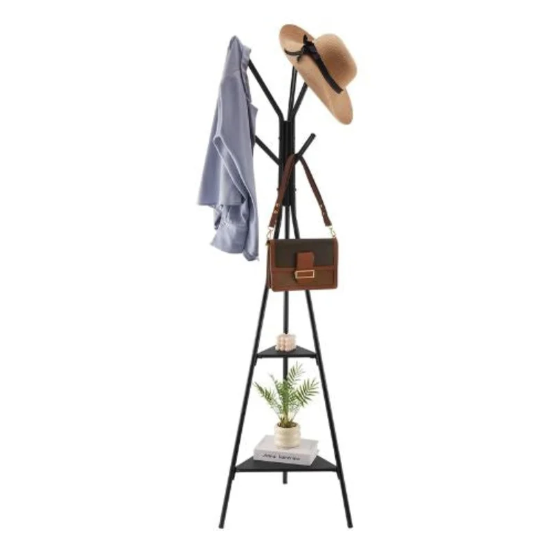 Freestanding Coat Rack Stand with 2 Shelves & 6 Hooks Modern Coat Tree for Entryway Bedroom & Living Room