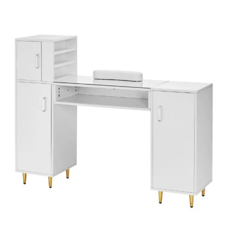 Glass Top Manicure Table with Storage (White)