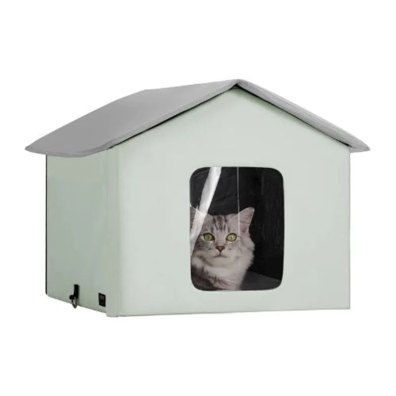 Heated Outdoor Cat House with Adjustable Temperature and Timer Foldable Shelter Heated Pad for Winter Green (Medium)