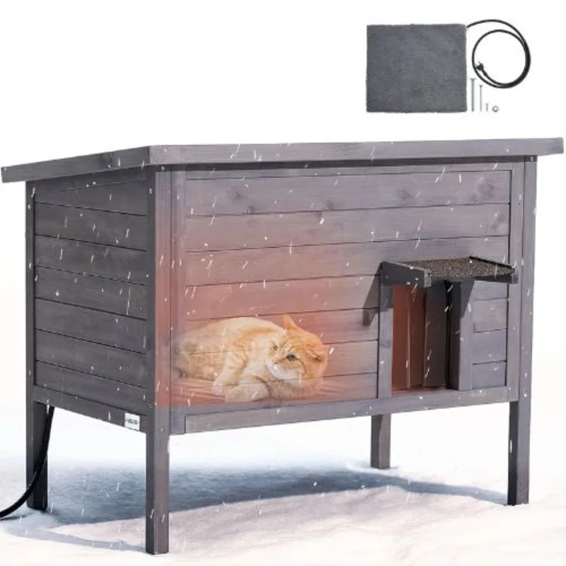 Heated Outdoor Cat House with Insulation PVC Flap Door Heating Pad and Openable Roof 34" x 21" x 27" for 1-3 Cats