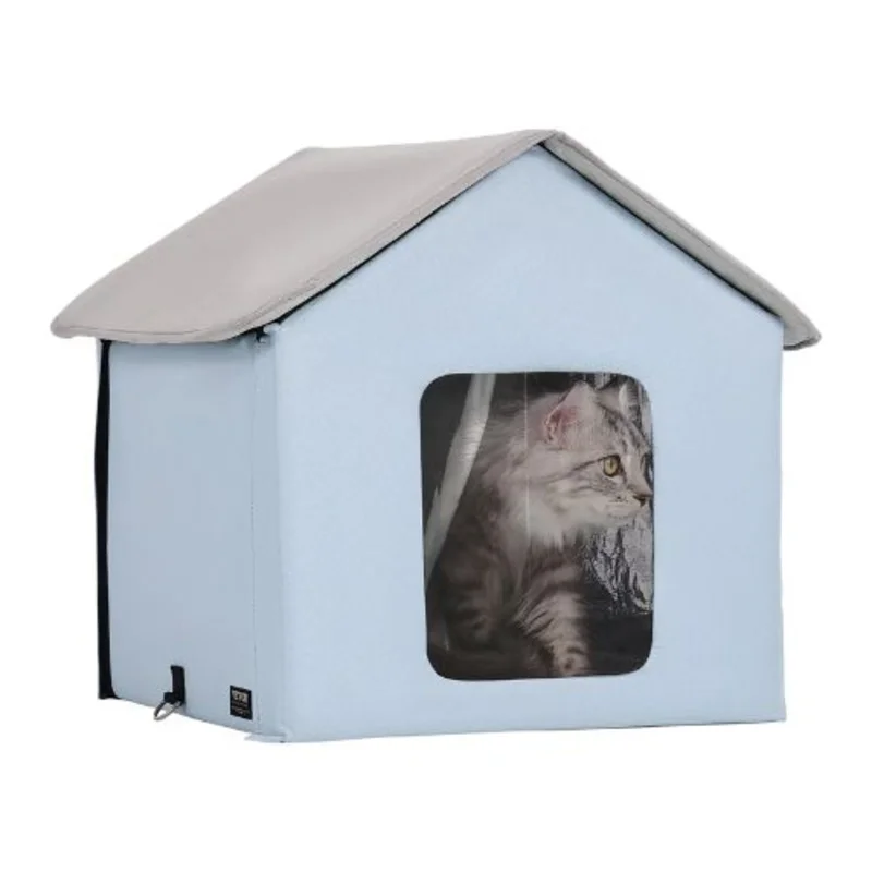 Heated Outdoor Cat House with Timer Foldable Shelter Heated Pad for Winter Blue (Small)