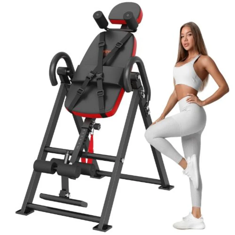 Heavy Duty Inversion Table 300lbs Capacity Back Stretcher with Headrest Ankle Lock Adjustable Protective Belt (Red/Black)
