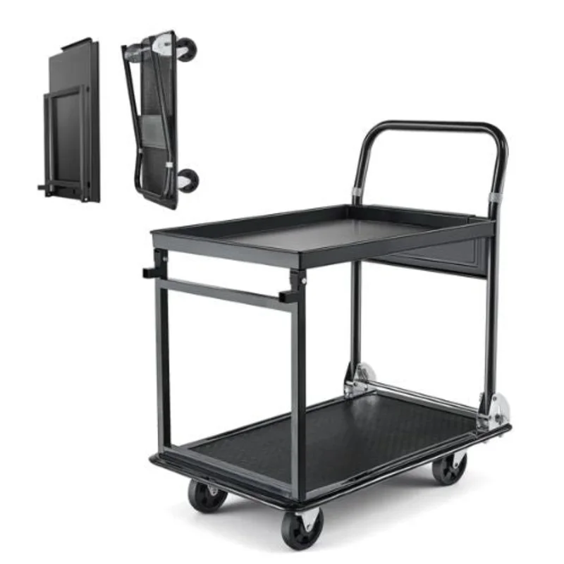 Heavy Duty Platform Hand Truck with Wheels High-Strength Steel 2 Tier Moving Flatbed Cart