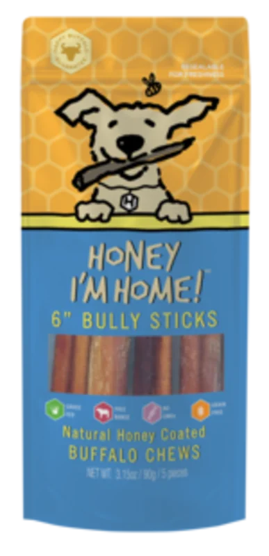 Honey I'm Home! 6" Bully Sticks Natural Honey Coated Buffalo Chews