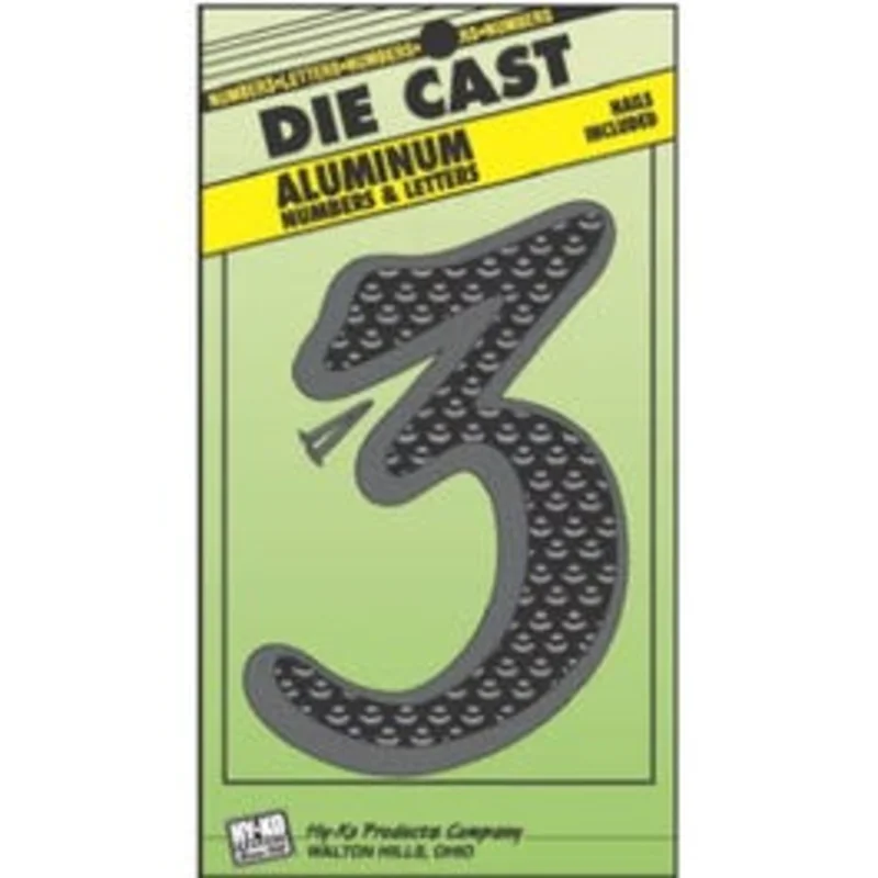 House Address Number "3", Black Die-Cast Aluminum, 4.5-In.