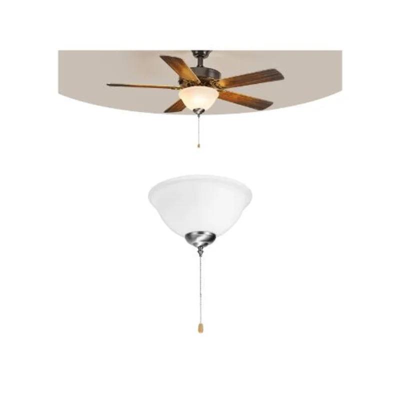 Indoor 2-Light Ceiling Fan Light Attachment Bowl Glass Shade with Pull Chain Brushed Nickel