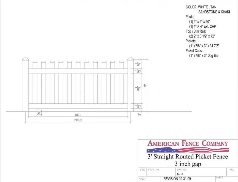 K-14   3' Tall x 6' Wide Tall x 6' Wide Straight Routed Picket Fence with 3" Air Space White