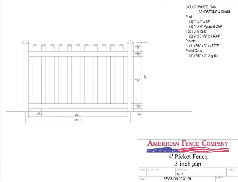 K-15   4' Tall x 6' Wide Picket Fence with 3" Air Space White