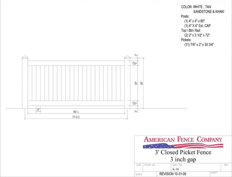 K-16   3' Tall x 6' Wide Closed Picket Fence with 3" Air Space White