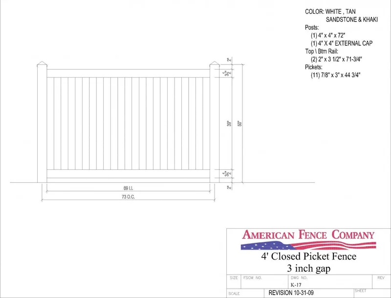 K-17   4' Tall x 6' Wide Closed Picket Fence with 3" Air Space White