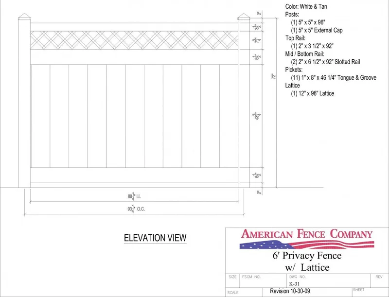 K-31   6' Tall x 8' Wide Privacy Fence with Lattice Accent White