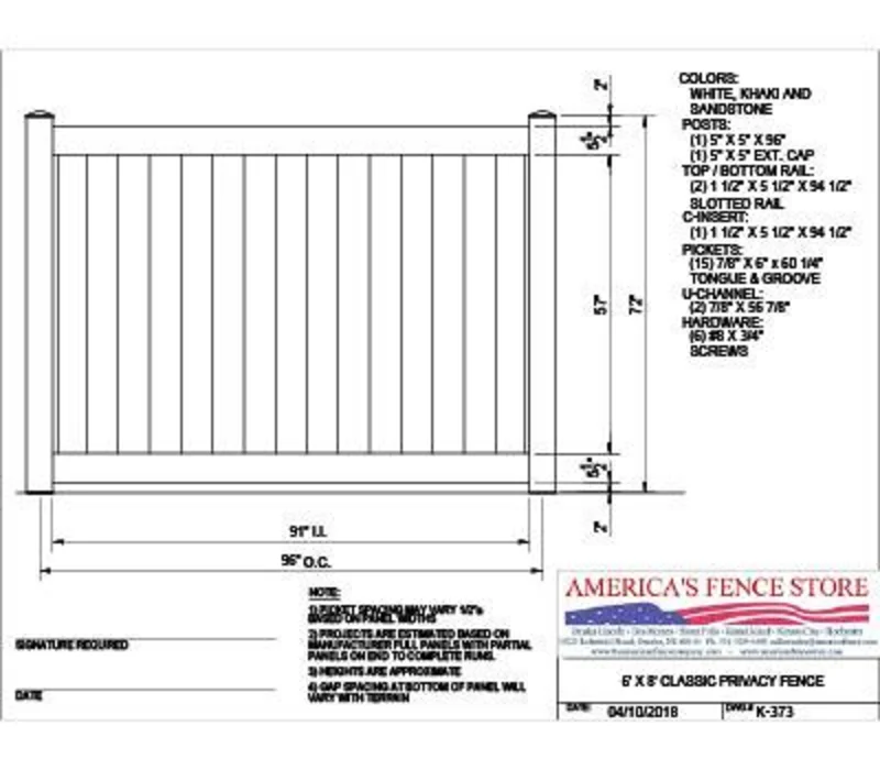 K-373 6' Tall x 8' Wide Privacy Fence White